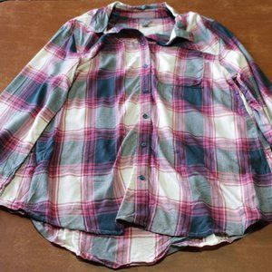 Pink, navy, and cream plaid long sleeve shirt